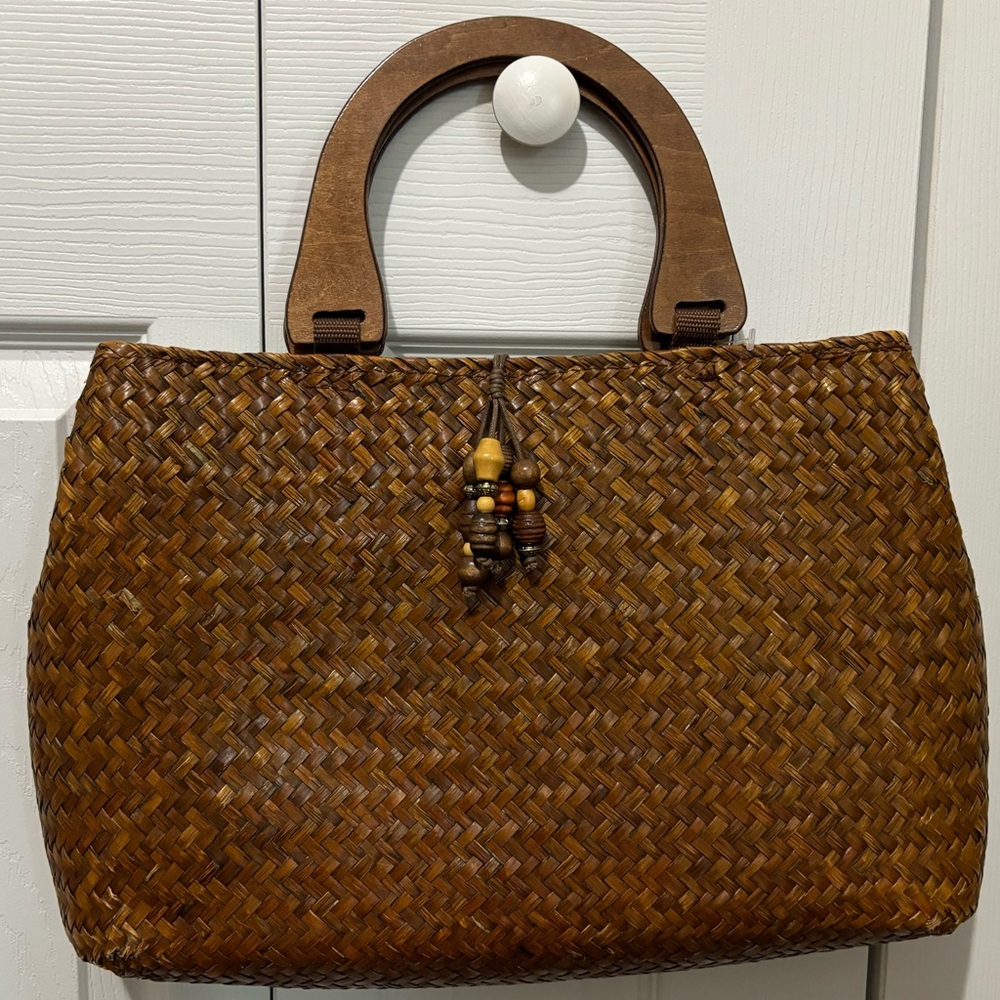 St. John’s Bay Brown Woven Purse with Wood Handles and Bead Accents